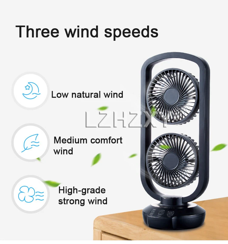 

USB-вентилятор с двойной головкой, автоматическая встряхивающая головка, перезаряжаемый вертикальный вентилятор, настольный пульт дистанционного управления 60 ° широкоугольная подача воздуха