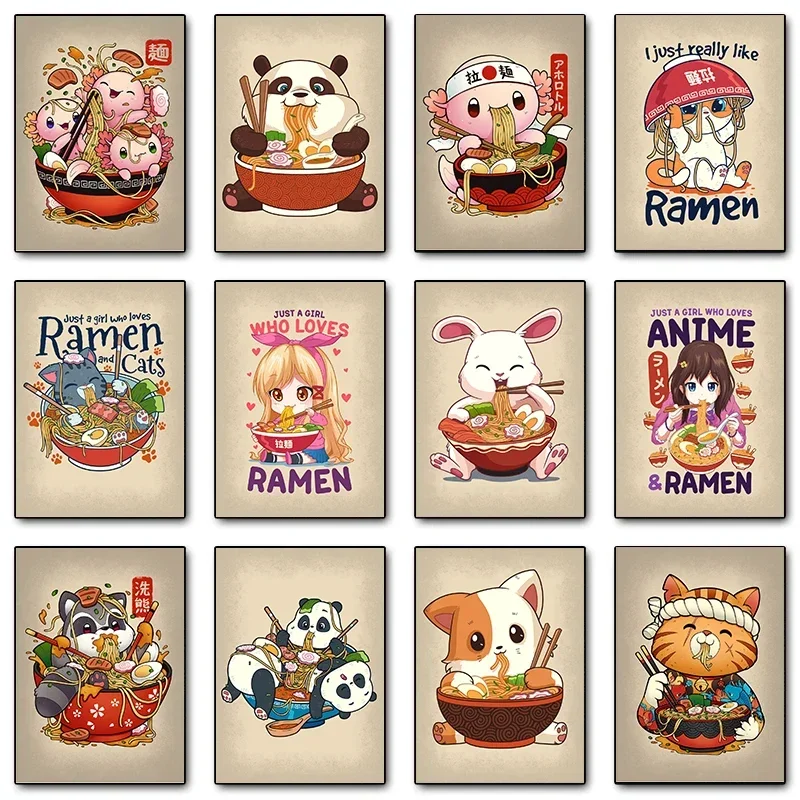 Anime Ramen Poster Axolotls Shiba Inu Dog Cat Really Likes Canvas printing Lamian Noodles shop Wall  decor frameless painting