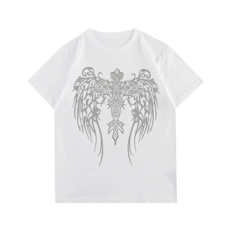 Women's Short Sleeved T-shirts American Hip Hop Fashion Creative Wings Pattern Print Summer Y2K Street Harajuku Loose Casual Top