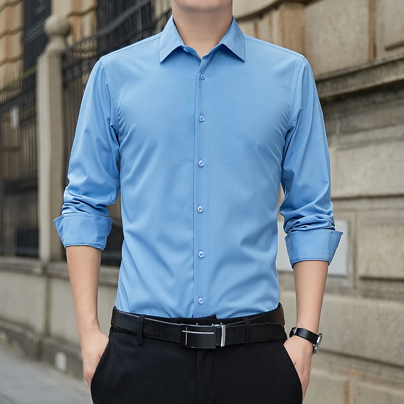 Men's Formal Dress Shirts Elegant Long Sleeve Classic Workwear Shirt Smart Casual Elastic Anti-pilling Male Business Suit Shirts