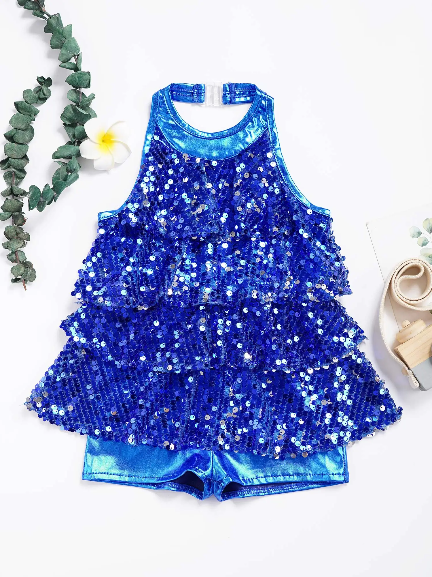 어린이 소녀 반짝 이는 스팽글 발레 재즈 댄스 레오타드 드레스 민소매 홀터넥 드레스 축제 파티 무대 공연 의류