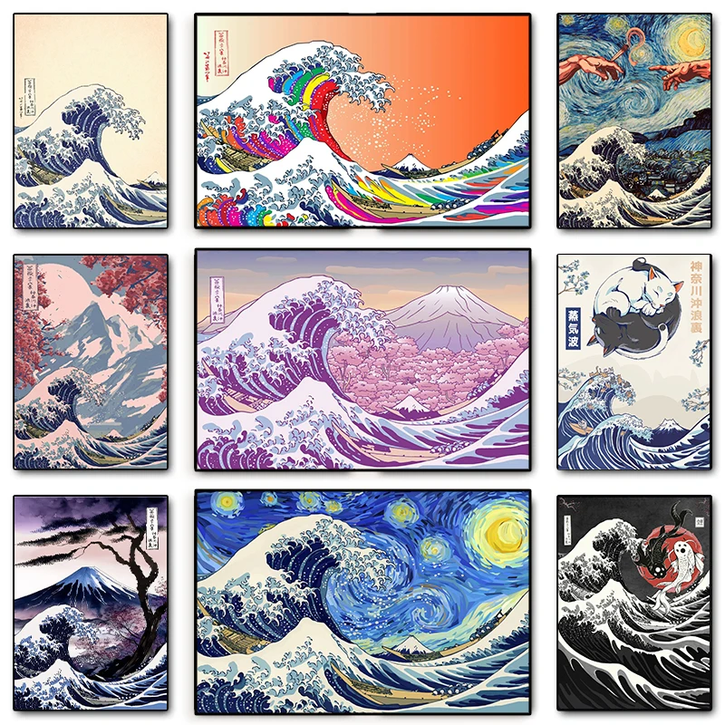 The Great Wave Off Kanagawa Poster Mt Fuji Print Wall Art Picture Vintage Japanese Artwork Canvas Paintings Home Wall Decoration