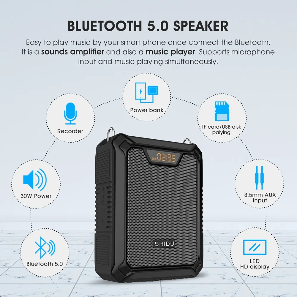 SHIDU M1000 무선 메가폰 헤드셋 IPX6 방수 30W 출력 2500mAh 보조배터리, 교사용 전용 무선 마이크