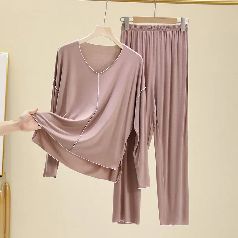 Modal Sleepwear Set Women\'s Spring Summer Loose Casual V-neck Home Clothes Set plus Size Thin Two-piece Cotton Pyjamas