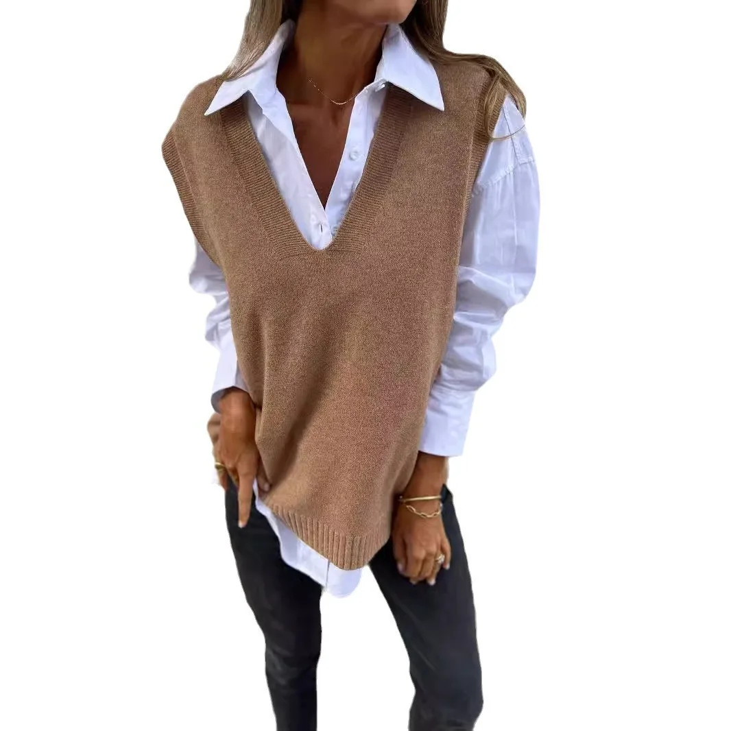 

Sweater Vest Spliced Knitted Solid Jumpers Sleeveless Women V Neck Basics Casual Sweaters Autumn Loose Sight Strech 2025