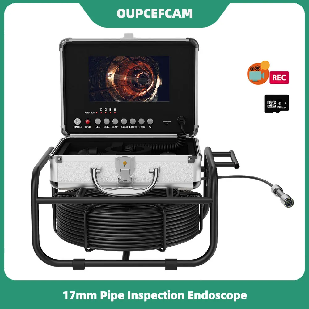 

17mm Drain Sewer Pipe Inspection Camera Industrial Video Endoscope 7" AHD Screen DVR 16GB TF Card 5mm Black Fiberglass Cable