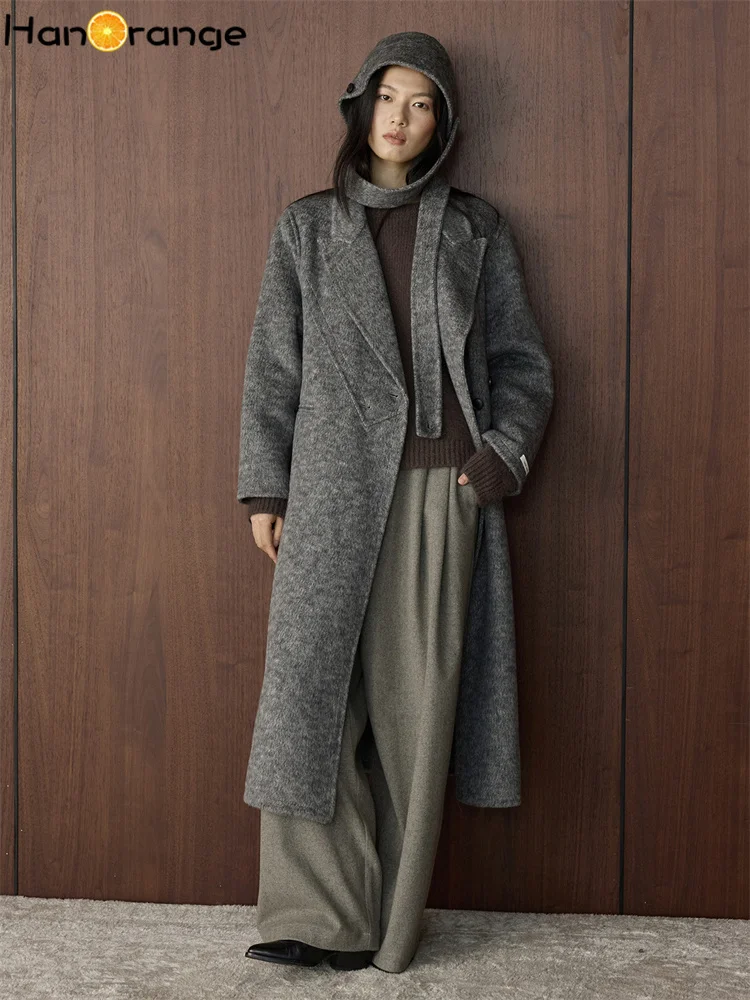 HanOrange 2026 Winter Retro with Hat Double-sided Woolen Overcoat Women Loose Silhouette Long Coat Gray