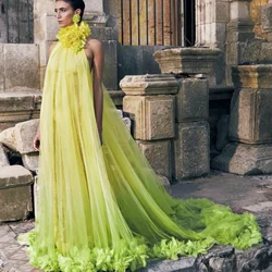 See Thru Avocado Green A-line Tulle Robe 3D Flower Long Maternity Dresses Halter Summer Women Maxi Dresses With Train