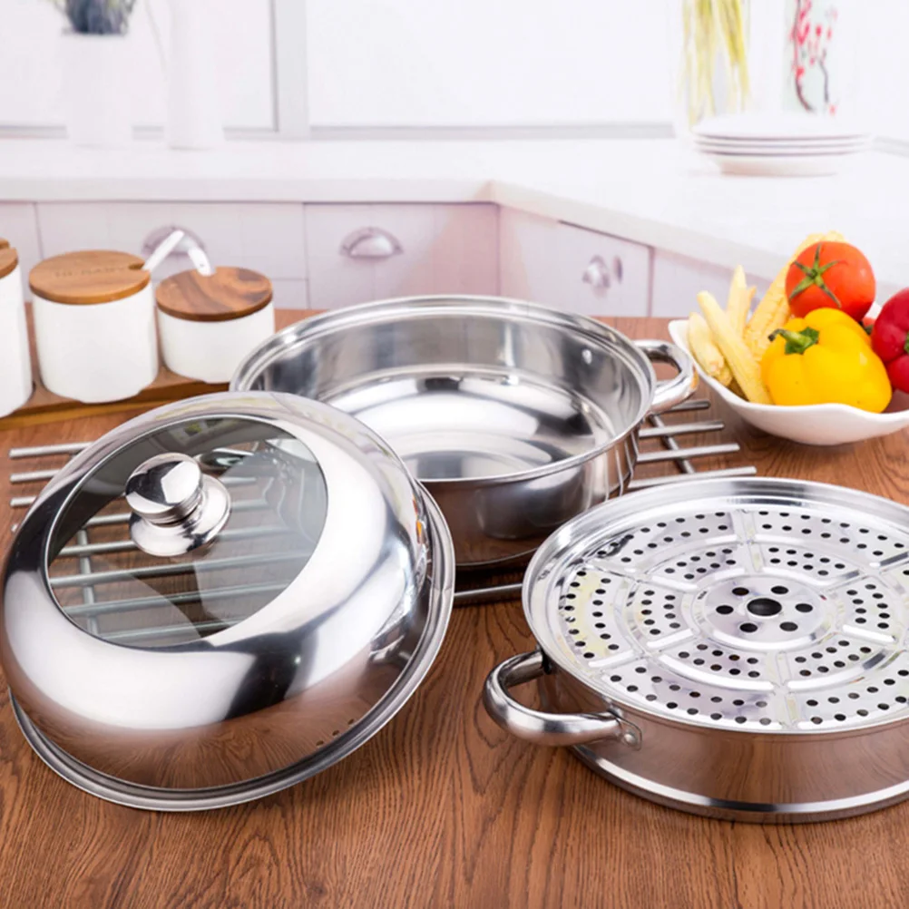 

1pc Stainless Steel Steamer Pot Glass Lid Large Capacity Heat Conducting Kitchen Steam Cookware Stockpot For Home Silver