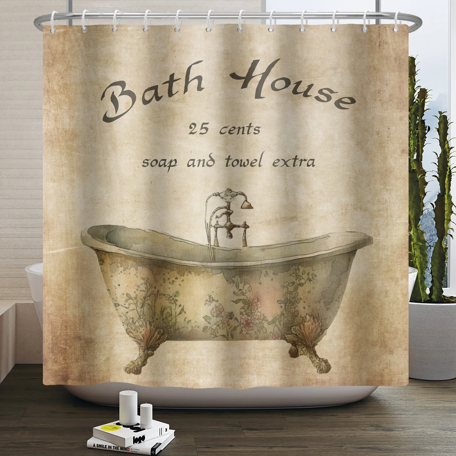 

Vintage Shower Curtain Bath House Mid Century Rustic Bathroom Decor Farmhouse Polyester Fabric Bathtub Screen for Home Hotel