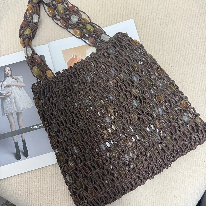 Vintage Handgefertigte Perlen-Handtasche Nischen-Designer Luxus Ausgehöhlte Bucket Bag Neue Sommer Damen Strand-Urlaubstasche – Detail 25
