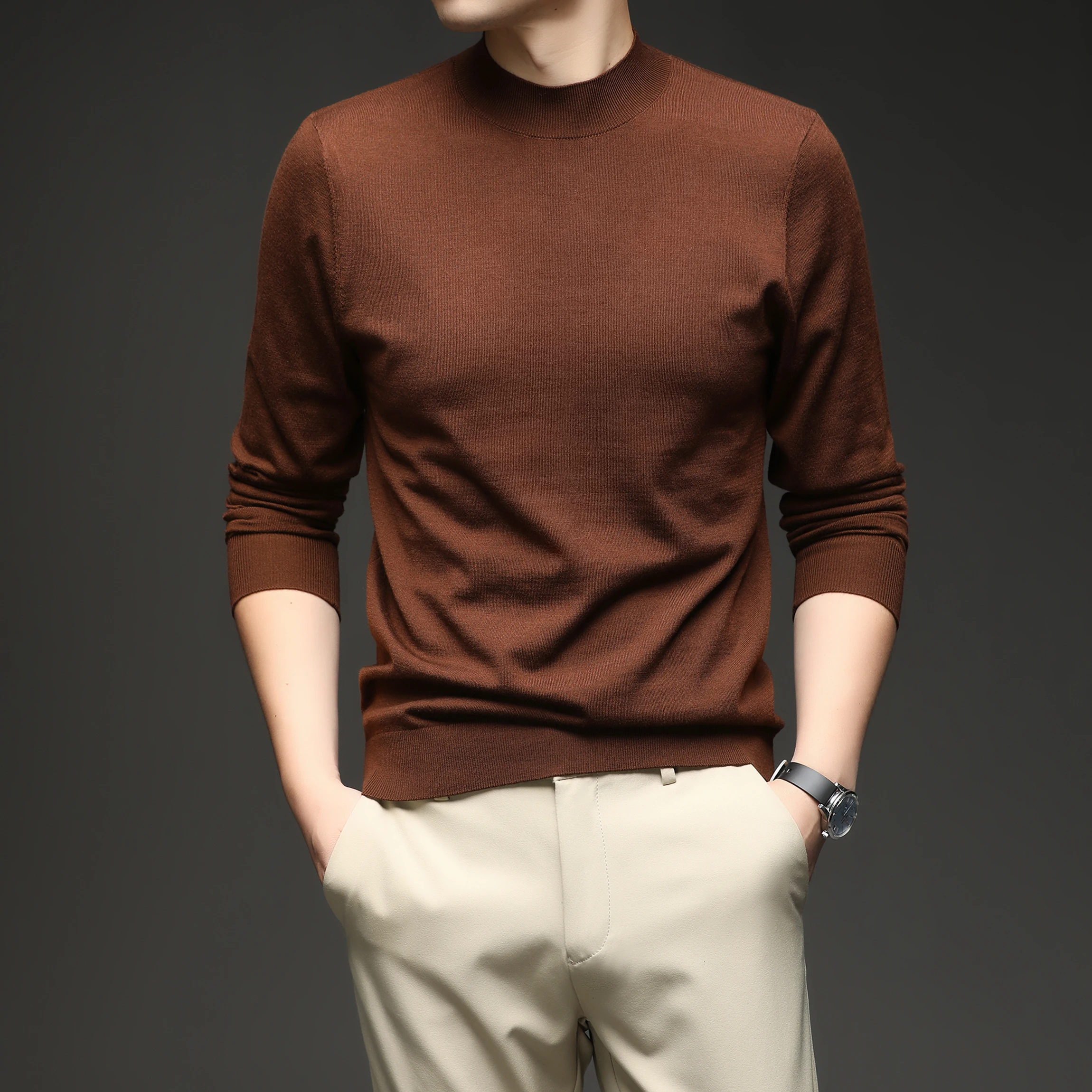 Lã de seda masculina malha t 2025 outono casual mock neck camisola fina manga longa lã de ovelha malhas pulôver roupas