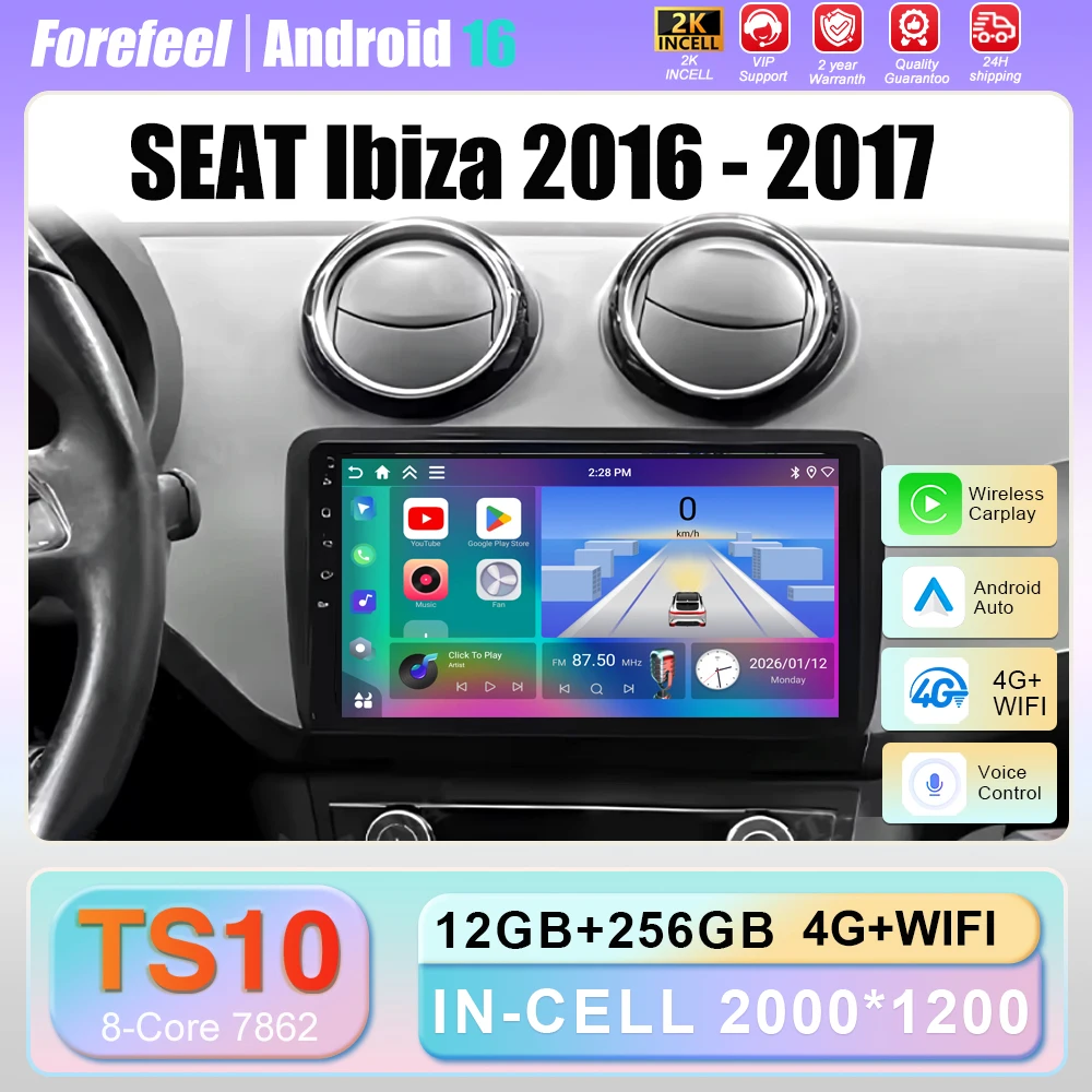 Radio para Auto SEAT Ibiza 2016-2017, Carplay Android 16, Multimedia, Video, Auto 5G, WIFI, GPS, Navegación, Reproductor Estéreo, BT