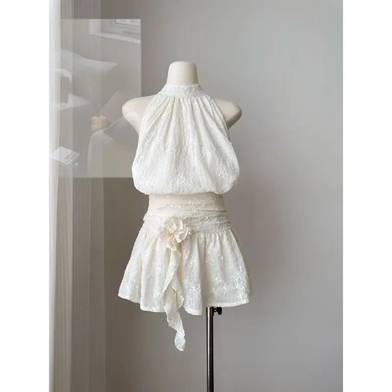 

2026 New Women's Summer Half - Skirt Set, Loose Halter Neck Sling Vest with Embroidery, Two - Piece Chinese - Style Set