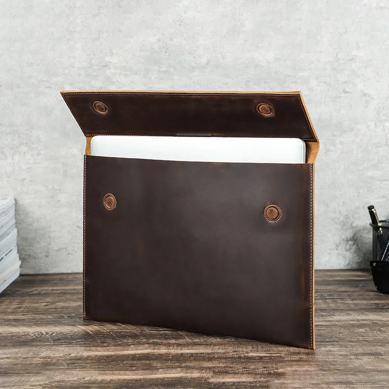 Genuine Leather Magnetic Laptop Sleeve Cowhide Durable Envelope Style Protective Case Bag for Business & Travel