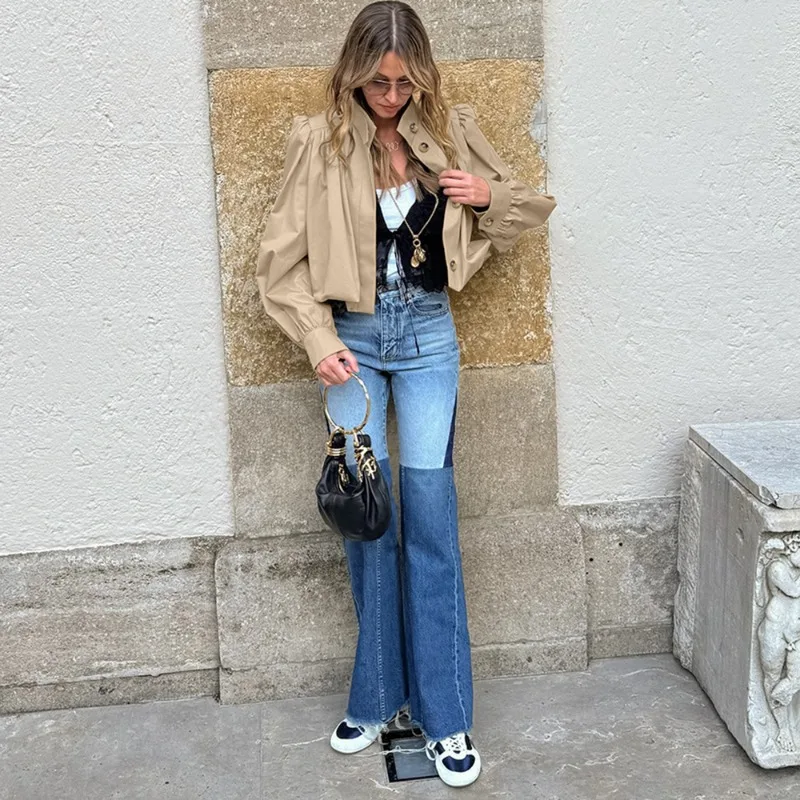 Talenza Women Autumn Shirt Jacket New Pleated Patchwork Loose Puff Sleeve Jackets Casual Streetwear Fashion Solid Female Coats