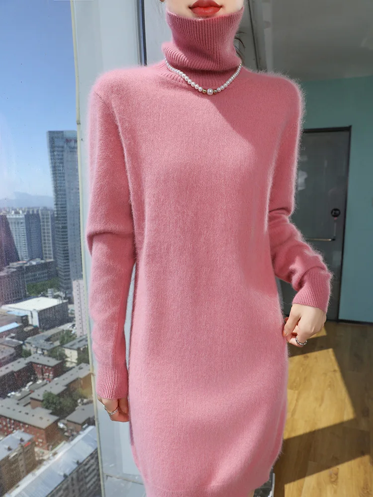 

TLOML New Women's 100% Mink Cashmere Dress Turtleneck Pullover Casual Style Autumn Winter Slim Soft Warm Cashmere Knitted Dress