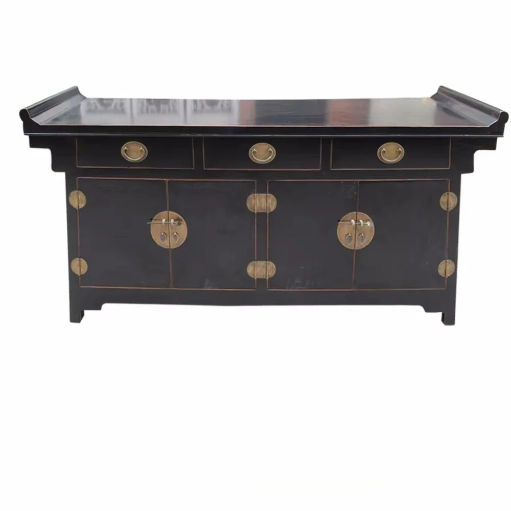 Antique Oriental recycled wood, black lacquered luxury replica sideboard