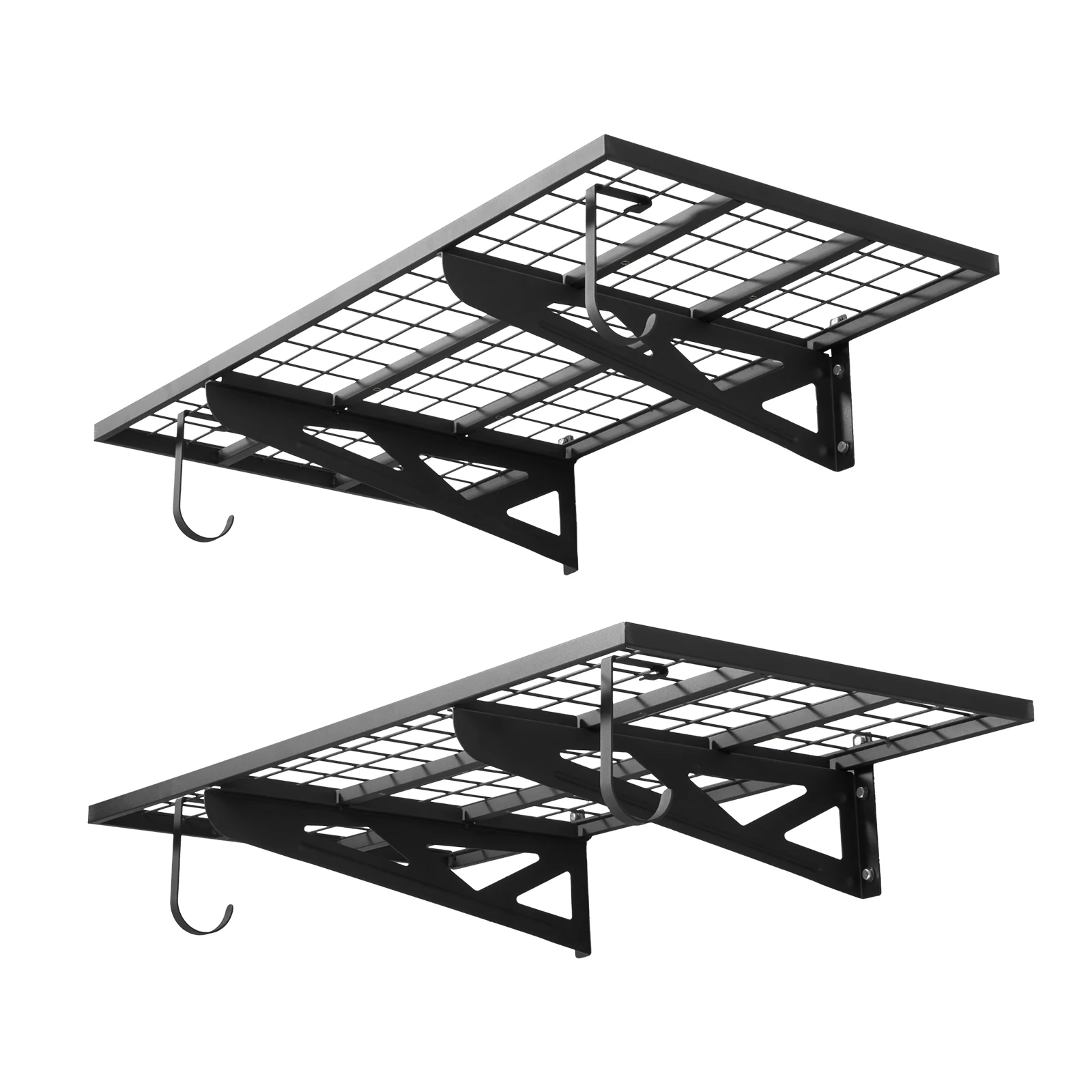 SucceBuy 24x48in 2-Tier Wall Mounted Garage Shelving Unit with Hooks 250LBS Per Shelf Floating Storage Metal Rack for Garage