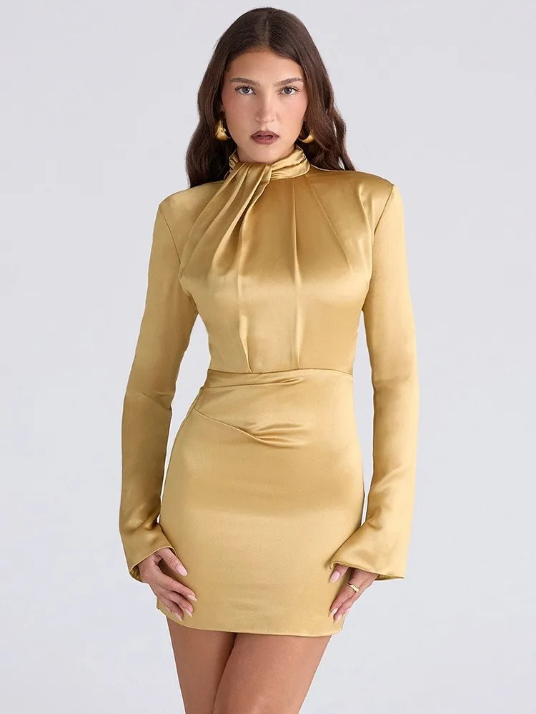 

Женское платье Ele Slim Fit с высокой талией, облегающее, с длинными рукавами и высоким воротником, для повседневной носки