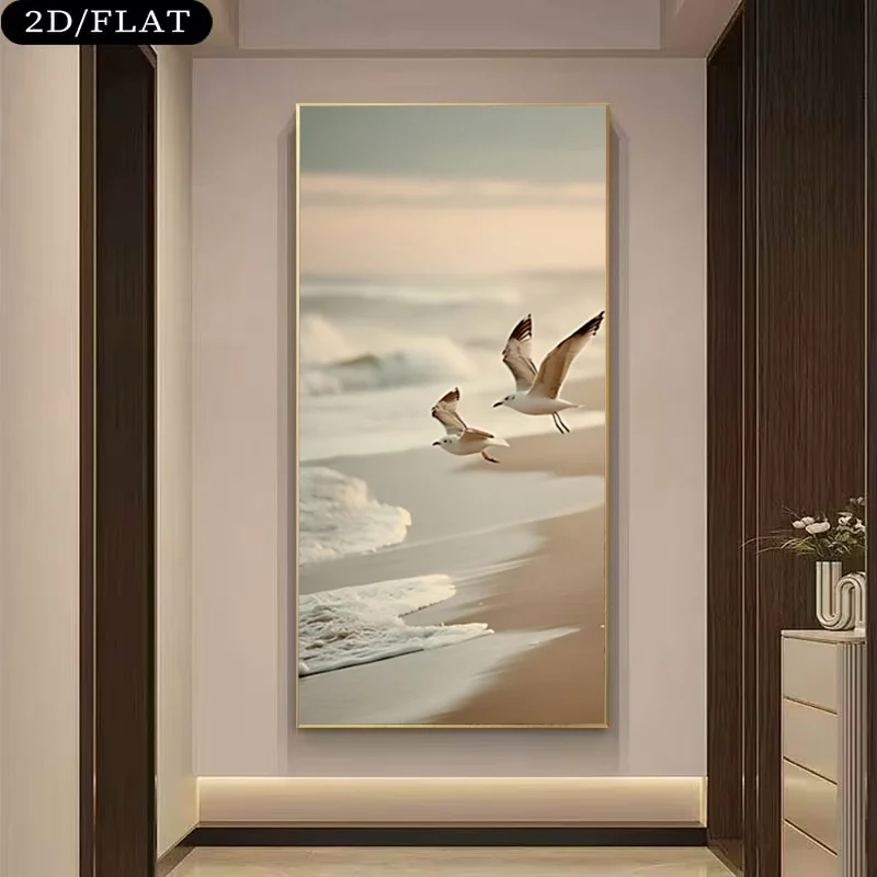 

2D Flat Large Modern Coastal Seagull Canvas Wall Art - Frameless Minimalist Neutral Ocean Canvas Print for Living Room Decortion
