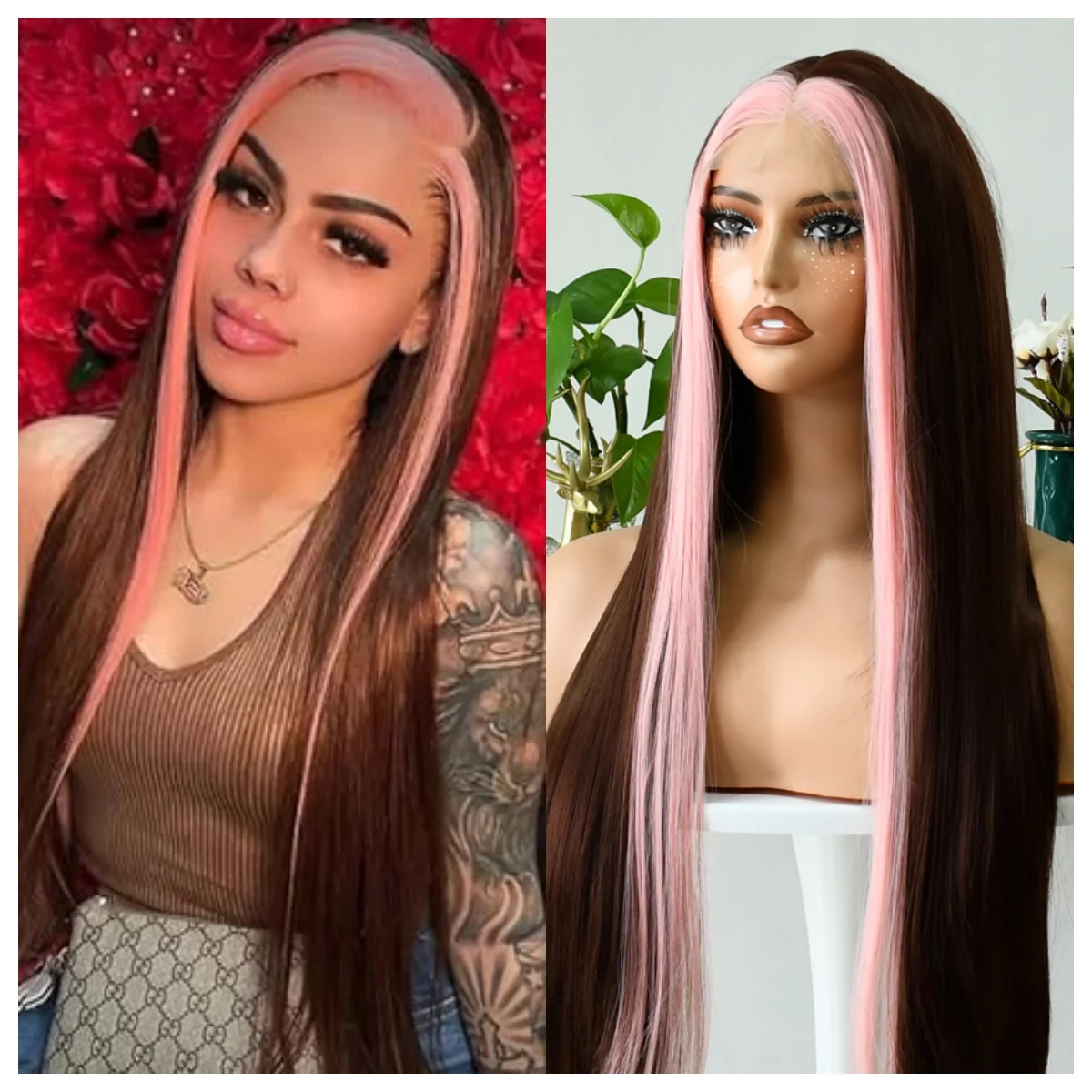 

Highlight Brown Synthetic Lace Front Wigs Pink Highlight Color Hair Pre-plucked Natural Hairline Glueless Synthetic Wig