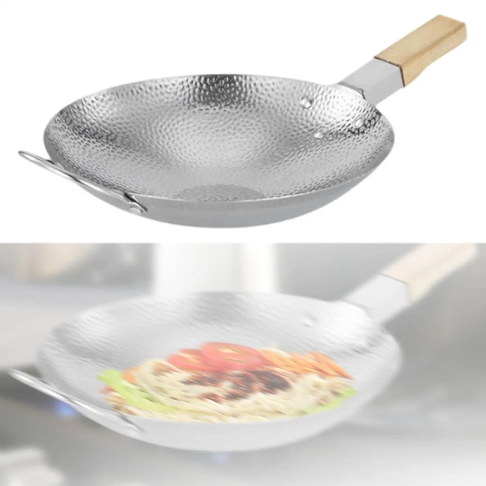

Stir Fry Pan Wok Dry Pot Chef’S Pan Wood Handle Hammered Nonstick Stainless