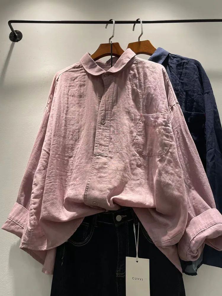 

Autumn 2024 Women's Loose Fit Long Sve Cotton irt Double Layered Fabric Versatile Slimming Turn-down Collar Single Button