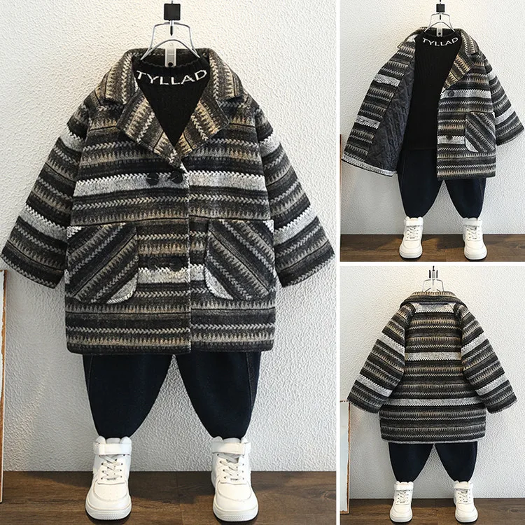 

Children's woolen coat autumn and winter new baby boys padded cotton warm thickened woolen trench coat winter