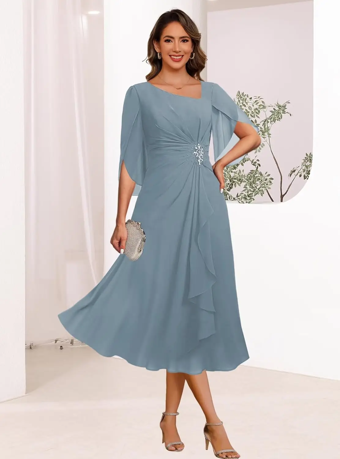 Gaun Ibu Pengantin Wanita dengan Kerah Asimetris untuk Pernikahan Gaun Malam Formal Lengan Pendek Berbahan Sifon