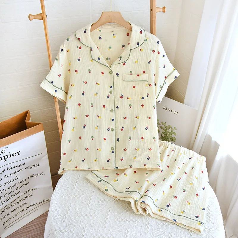 100% Cotton Gauze Summer Women Pajamas 2024 New Sleepwear Female 2 Piece Set Nightwear Polka dot print Pyjamas Loungewear