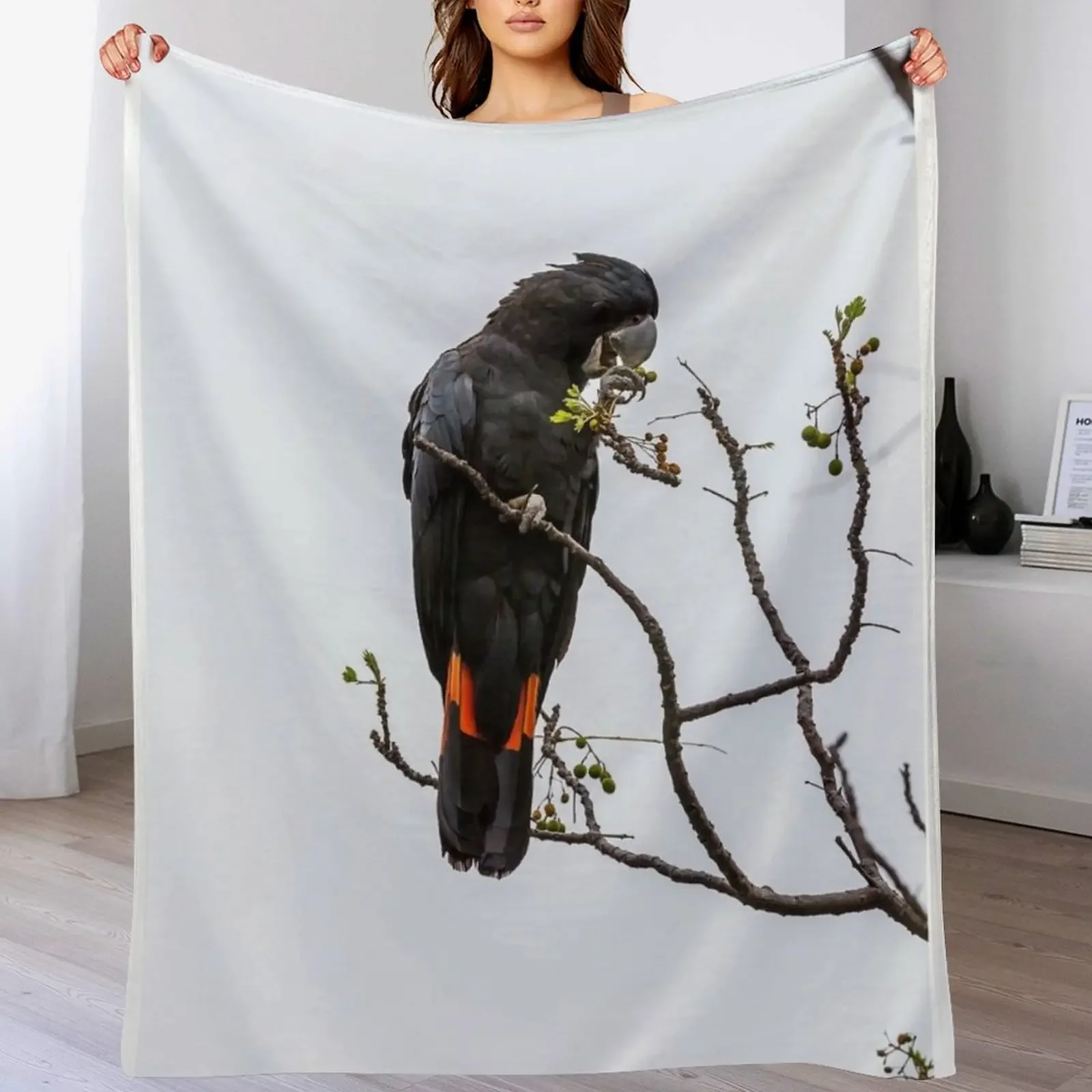 Animal Collection - Black Cockatoo Red Tail Throw Blanket Camping manga Kid'S Soft Big Blankets