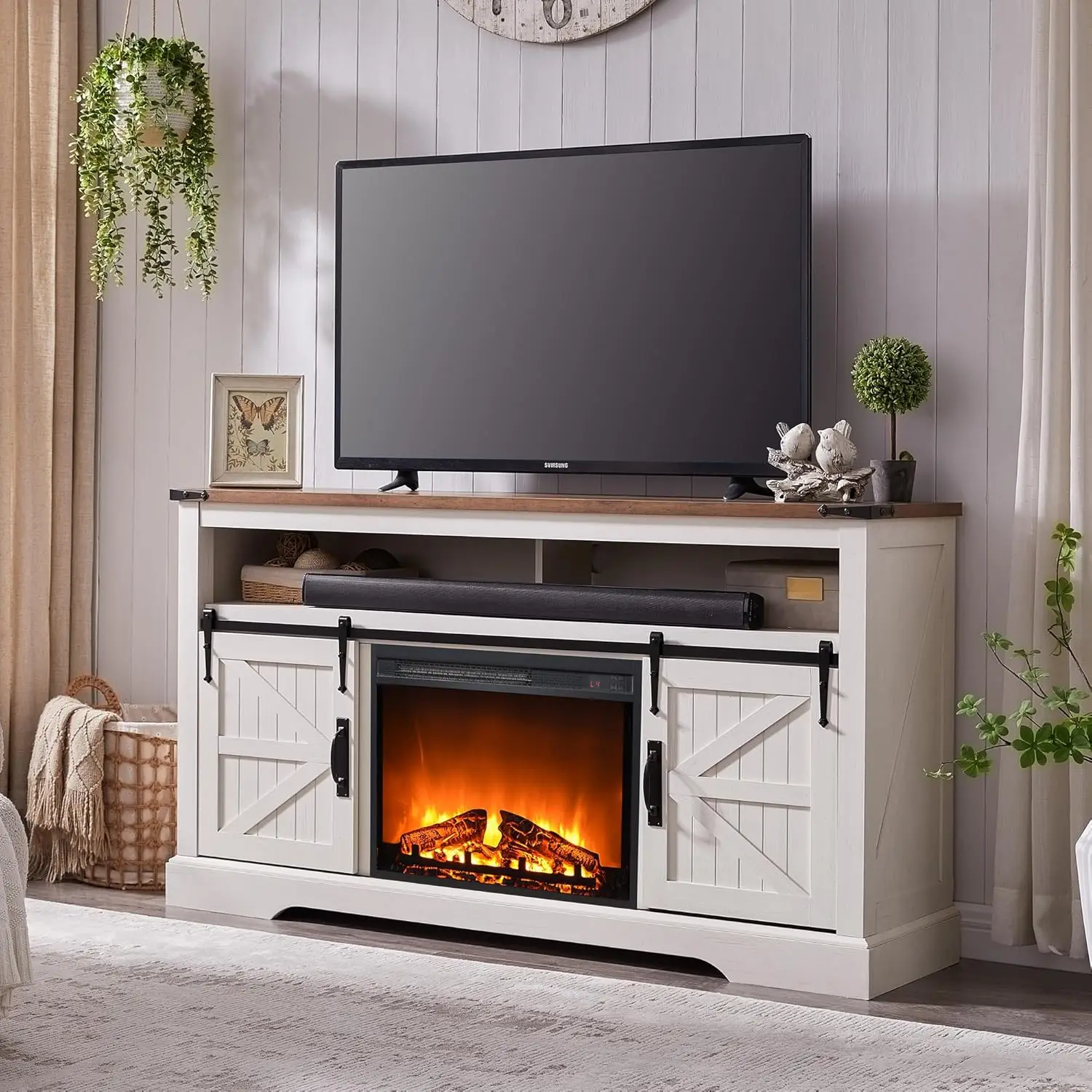 

Fireplace TV Stand for 65+ Inch TV, 33" Tall Highboy Farmhouse Entertainment Center w/ 23'' Electric Fireplace,, Customized