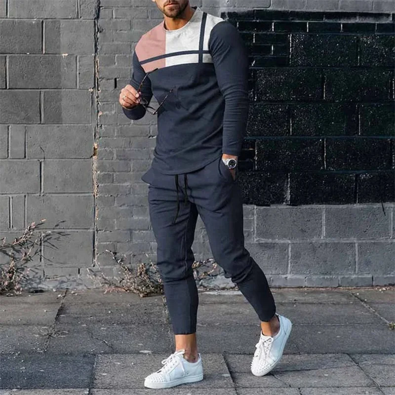 2023 conjuntos dos homens padrão animal leão 3d impressão mangas compridas camiseta + calças o-pescoço moletom jogger roupas esportivas 2 peça terno