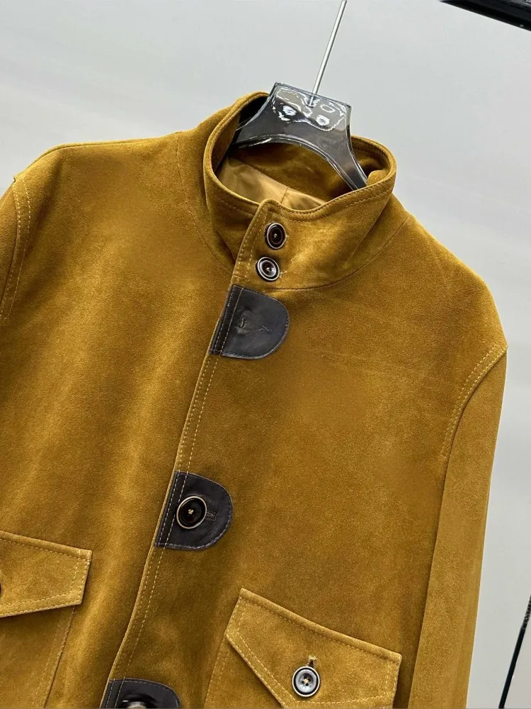 เสื้อแจ็คเก็ตหนังแท้สำหรับผู้หญิง คอตั้ง แขนยาว สไตล์ลำลอง แฟชั่นไฮสตรีท เสื้อคลุมตัวนอก แต่งผ้าหนังกลับและหนังแกะ เสื้อโค้ทสั้นสำหรับผู้หญิง