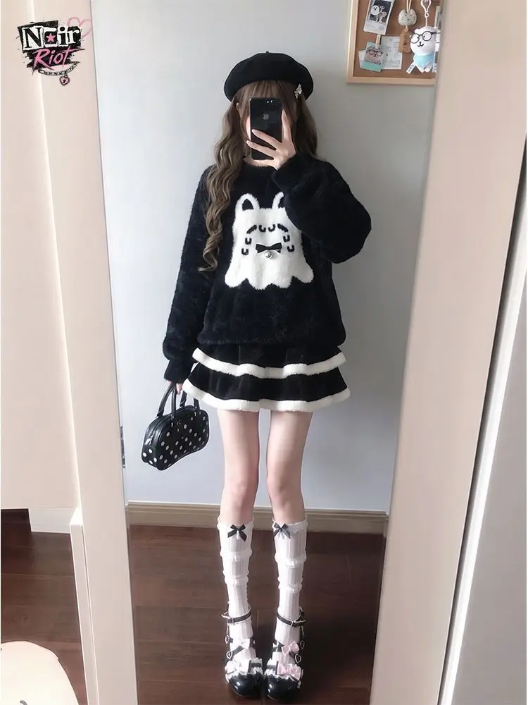 Gothic Lolita Coquette Japanese Subculture 2 Piece Set Women Cartoon Ghost Bow Print Fuzzy Knit Crop Top Mini Skirt Casual Outfi
