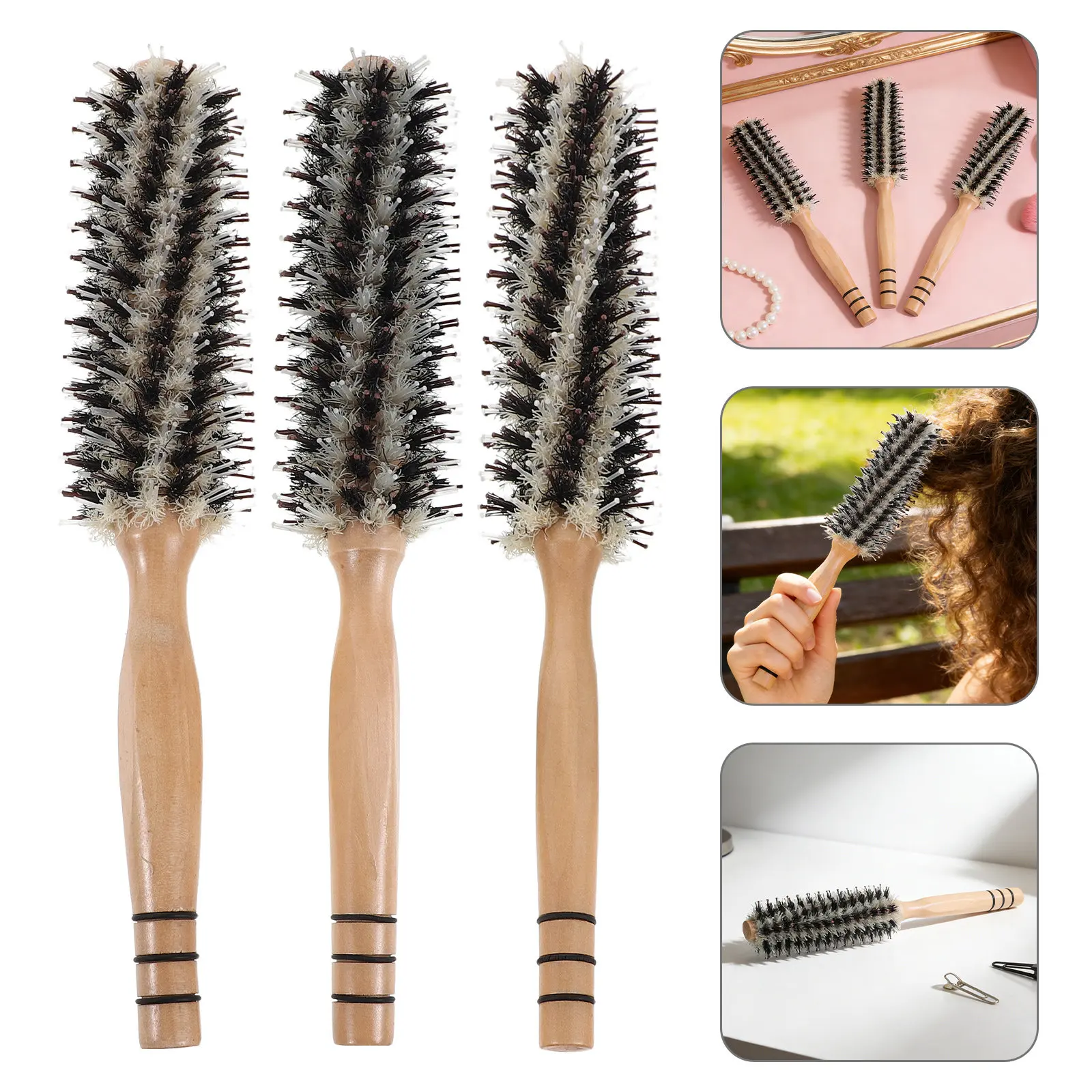 

Набор из 3 круглых щеток для волос: мягкая щетка из щетины кабана для завивки, распутывания и укладки, с деревянной ручкой, для густых вьющихся волос