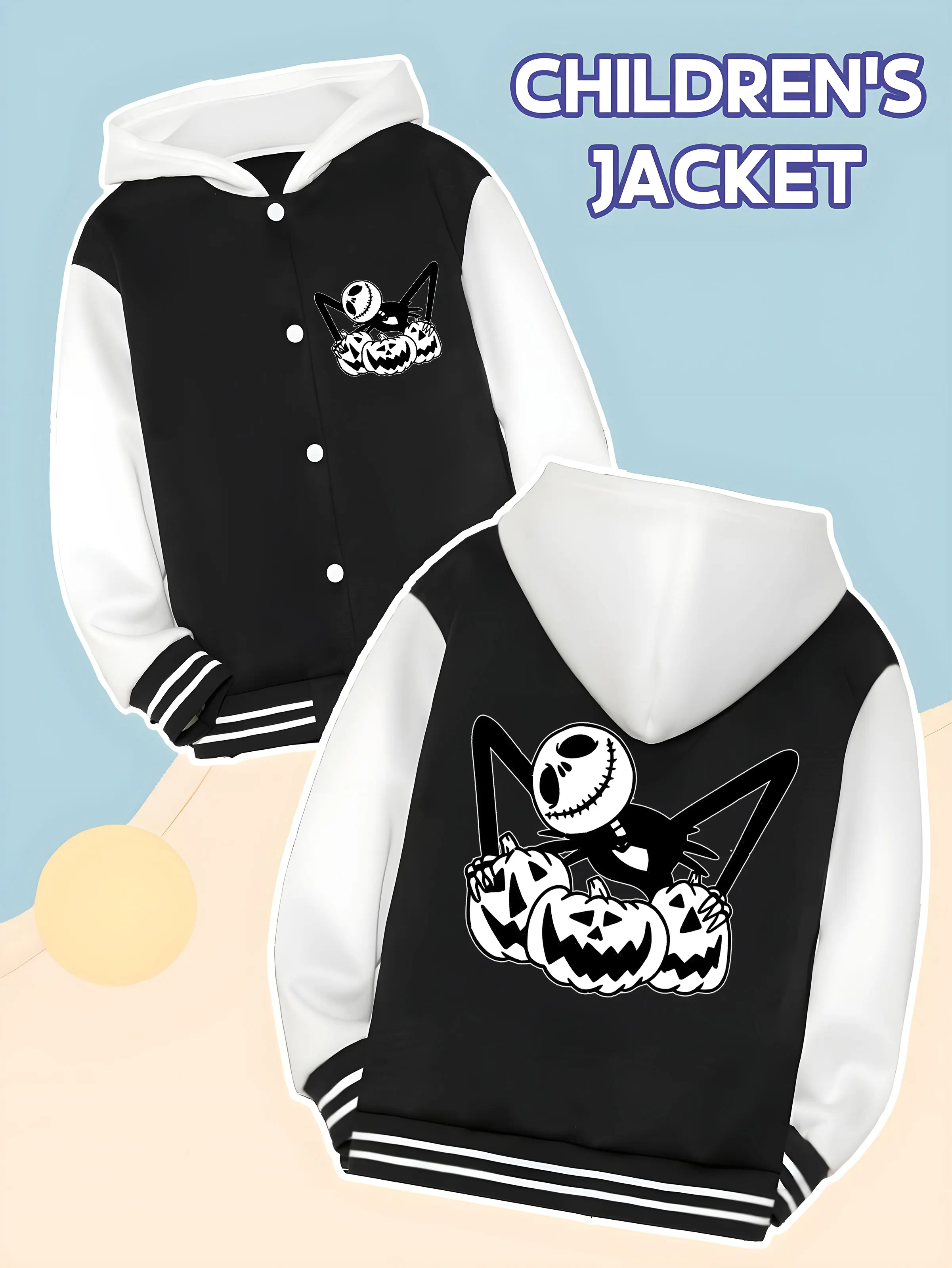 

MINISO Disney's "Christmas Eve Scar" Pumpkin themed Children's Baseball Boys' Jacket-Funny Pumpkin and Jack Pattern,Holiday Wear