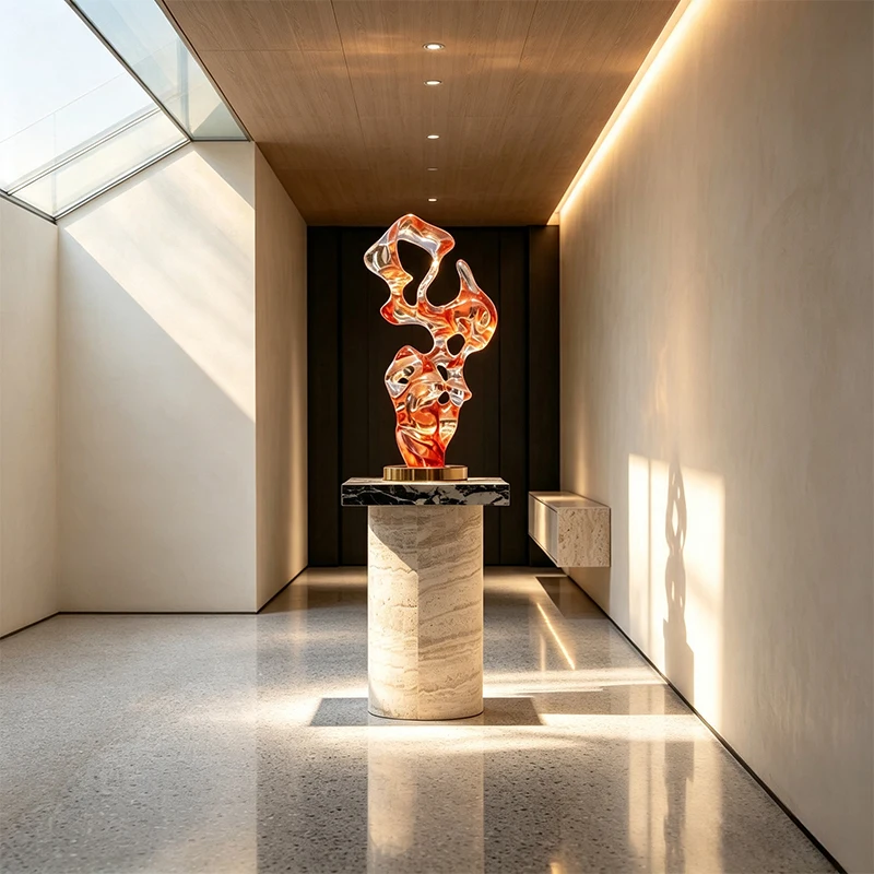 *#Q Custom Gradient Amber Orange Transparent Epoxy Resin Hand-painted Artistic Hollow Sculpture Travertine Stone&