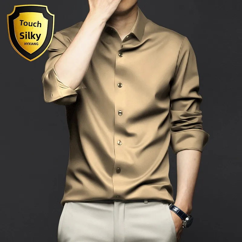 

High End Young Men's Workwear Long Sleeve Casual Anti-Wrinkle Iron-Free White Shirt Pure Color Utility Shirt Korean Style