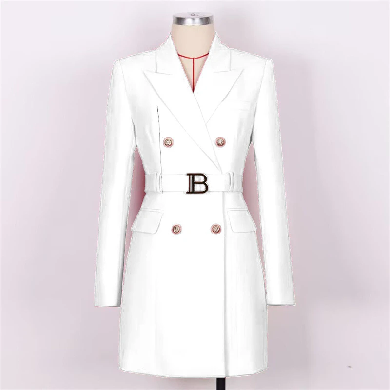 เสื้อเบลเซอร์ผู้หญิงทรงยาวสำหรับฤดูหนาว ติดกระดุม สไตล์หรูหราสำหรับสุภาพสตรีทำงาน พร้อมเข็มขัด  ชุดทำงานผู้หญิง