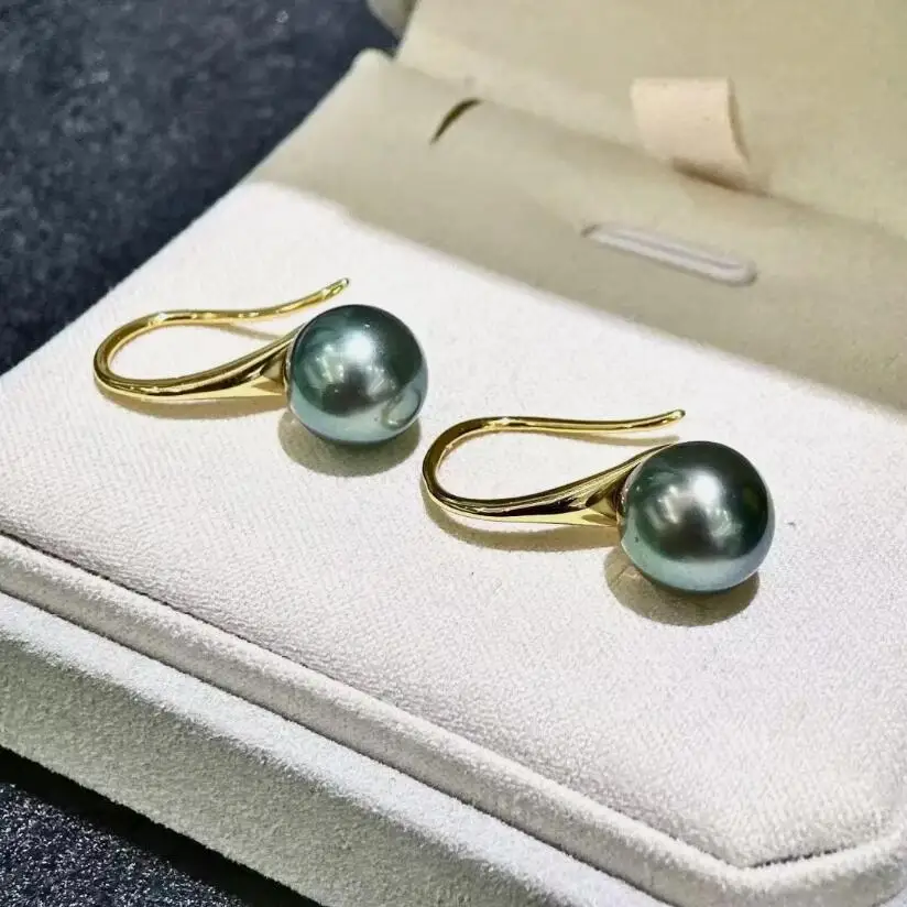 

stunning 9-10mm tahitian round black green pearl stud earring 925s
