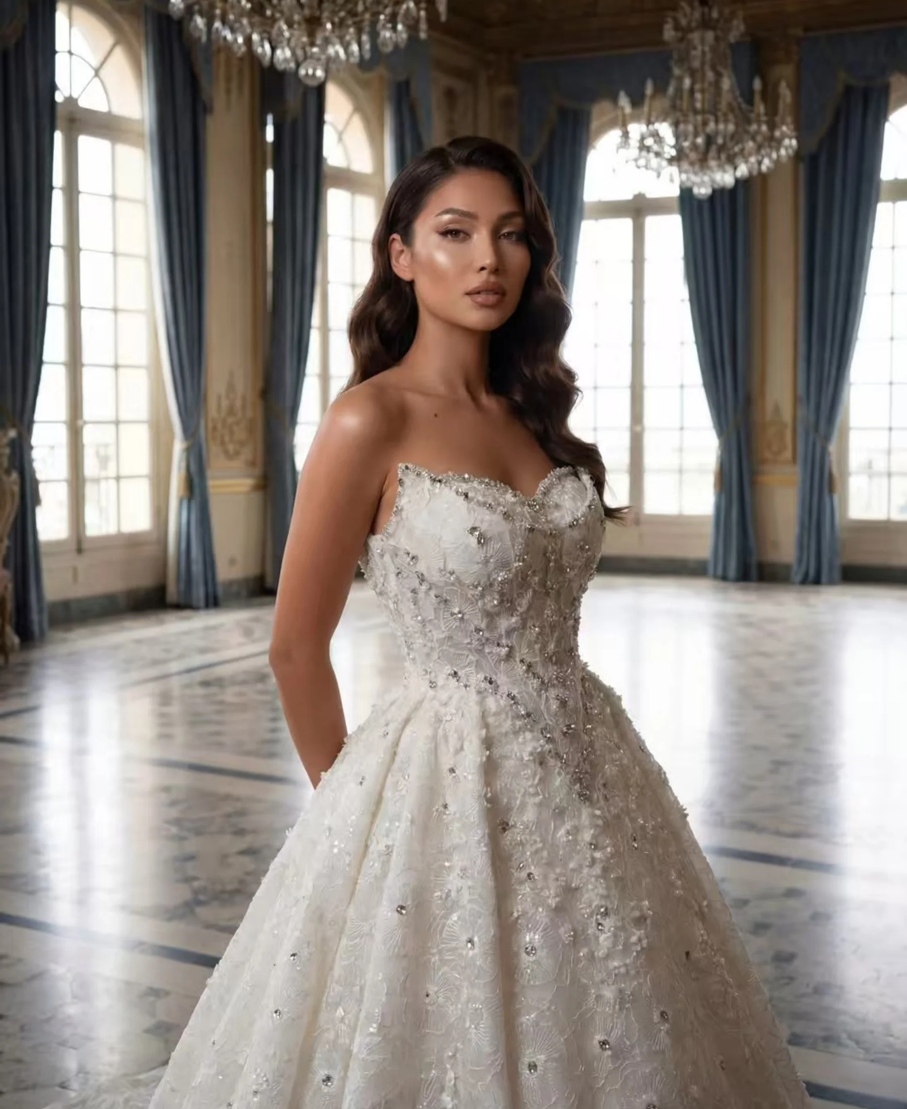 Luxury Ball Gown WeddingDress For Women Crystal Sequins Bridal Gown Strapless Sleeveless Train DressVestido de novia Customized