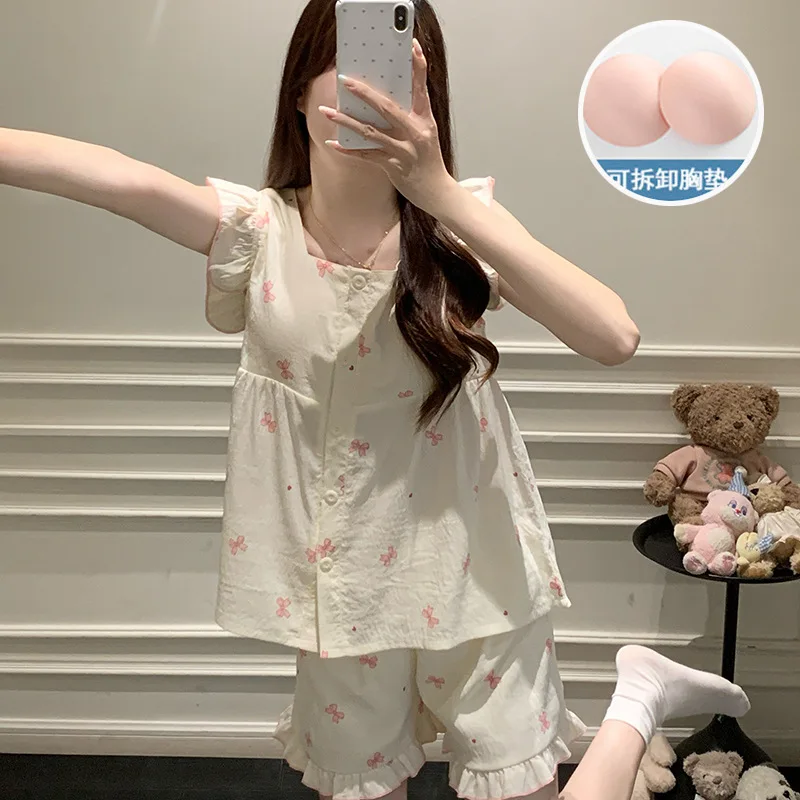 Summer Women Pajamas Set Thin with Built in Bra Cloud Cotton Sleeveless Vest Shorts Homewear
