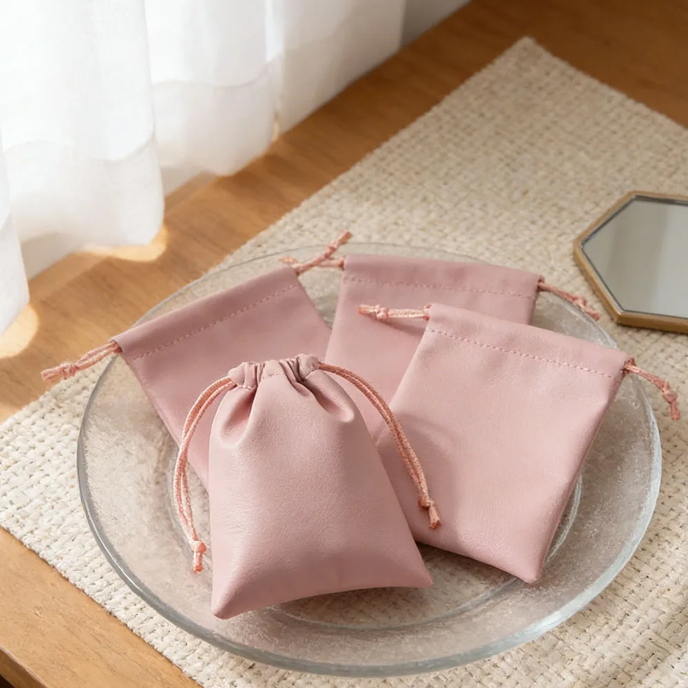 

10Pcs PU Leather Pink Jewelry Bag Ring Earring Bracelet Drawstring Pouches Favors Portable Travel Soap Candy Storage Pocket