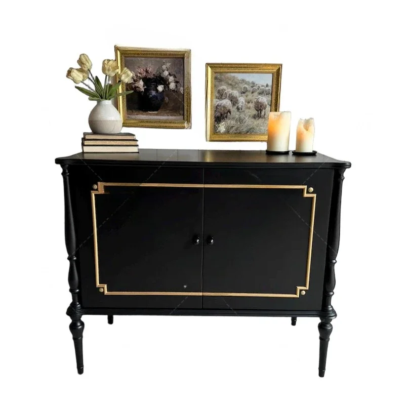 

Solid wood entrance cabinet, black gold-painted engraved locker, entrance hall cabinet