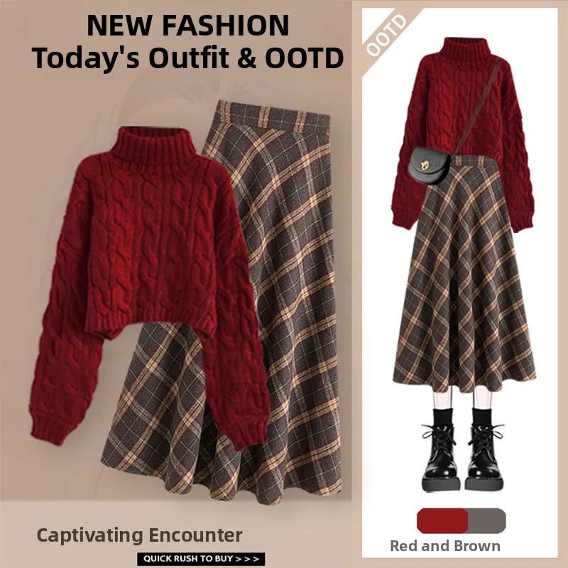 

Женский комплект: юбка миди с высокой талией и вязаный свитер с высоким воротником, красный, с узором «косы», в клетку, весна-осень