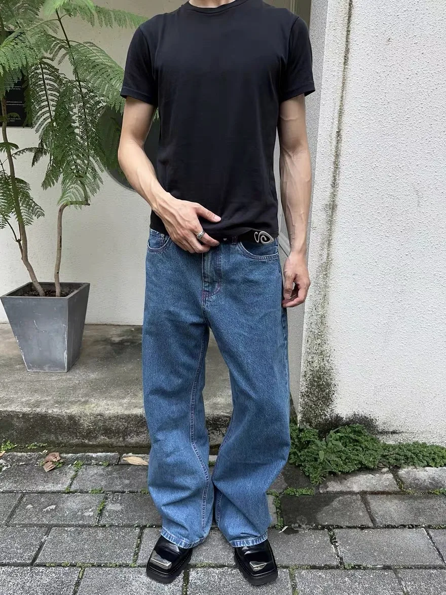 

Mona Purple Line Design Men's American Retro Straight Leg Jeans High Waist Jeans Casual Breathable Loose Fit Jeans for Teens