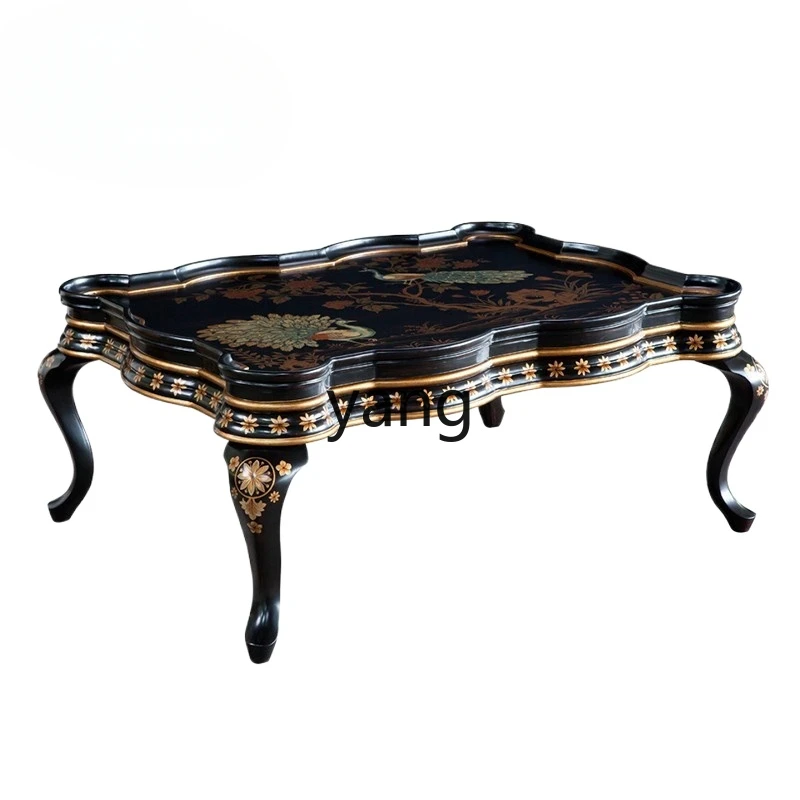 Yjq Hand Painted Peacock Solid Wood Birch Black Gold Wave Edge Villa Large Apartment Coffee Table Corner Table