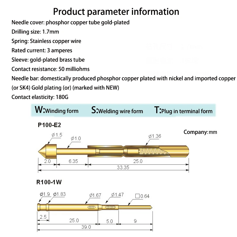 Probe P100 R100 Test Needle With Retractable Spring Top Pin For PCB Circuit Board Core Winding/soldering/terminal Insertion Form